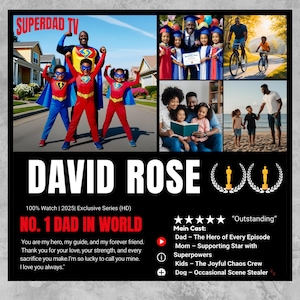 Puede incluir: Imagen promocional de "Superdad TV" con una familia vestida de superh&eacute;roes. La imagen incluye el texto "DAVID ROSE" y "NO. 1 DAD IN WORLD". Escenas adicionales muestran a la familia en diversas actividades, incluyendo graduaci&oacute;n y lectura.