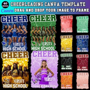 May include: A graphic design featuring cheerleading templates with the text "CHEER" and "VERSITY HIGH SCHOOL". The image includes photos of cheerleaders and the text "Cheer Vibes Only". The design is for Canva templates.