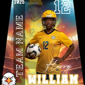 May include: A digitally enhanced image of a soccer player in a yellow jersey with the number 12. The player is wearing a yellow helmet and holding a soccer ball. The image includes the text "TEAM NAME", "2025", and the name "Harry William".