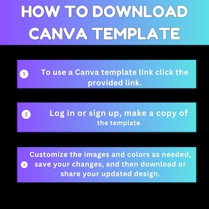 Puede incluir: Un gr&aacute;fico con instrucciones sobre c&oacute;mo descargar una plantilla de Canva. El t&iacute;tulo dice "HOW TO DOWNLOAD CANVA TEMPLATE". Los pasos est&aacute;n numerados e incluyen: hacer clic en el enlace, iniciar sesi&oacute;n, hacer una copia, personalizar, guardar y descargar.