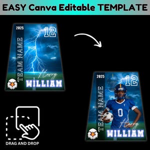 May include: A digital template with a football theme. The design features a blue background with lightning, a football player, and the text "TEAM NAME", "Harry WILLIAM", "12", and "2025". The template is labeled "EASY Canva Editable TEMPLATE".