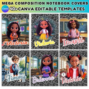 Pu&ograve; includere: Una collezione di sei copertine di quaderni di composizione con illustrazioni di cartoni animati di bambini in ambienti scolastici. Ogni copertina ha il nome di un bambino diverso in un carattere decorativo. Le copertine sono incorniciate con un motivo maculato in bianco e nero.