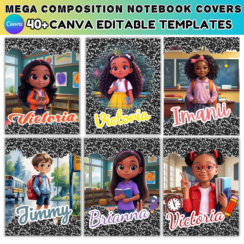 Pu&ograve; includere: Una collezione di sei copertine di quaderni di composizione con illustrazioni di cartoni animati di bambini in ambienti scolastici. Ogni copertina ha il nome di un bambino diverso in un carattere decorativo. Le copertine sono incorniciate con un motivo maculato in bianco e nero.