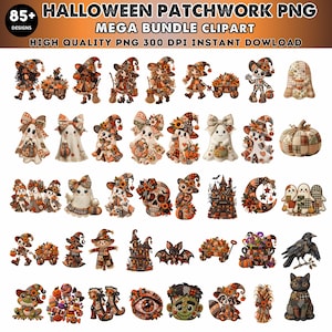 Könnte beinhalten: Eine digitale Sammlung von über 85 Halloween-Patchwork-Clipart-Designs mit Geistern, Hexen, Kürbissen, Skeletten und Tieren in orangefarbenen, schwarzen und braunen Mustern. Der Text lautet HALLOWEEN PATCHWORK PNG MEGA BUNDLE CLIPART.