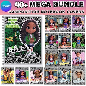 May include: A collection of composition notebook covers featuring cartoon illustrations of students. The covers have a black and white speckled background. The text includes "40+ MEGA BUNDLE" and "COMPOSITION NOTEBOOK COVERS". The notebook cover features the name "Lakeisha" and the words "Back to School".