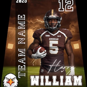 May include: A football player in a brown and gold uniform, holding a football. The image includes the text "TEAM NAME", "2025", "12", "Harry William", and a team logo. The background features a stadium and lightning.