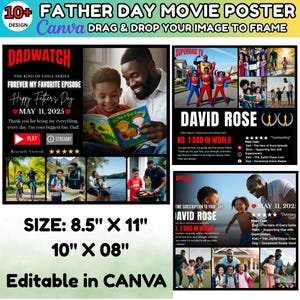 Puede incluir: Una plantilla de p&oacute;ster de pel&iacute;cula del D&iacute;a del Padre con el texto "10+ Father Day Movie Poster" y "Editable in Canva". El p&oacute;ster incluye t&iacute;tulos de pel&iacute;culas, im&aacute;genes y las dimensiones 21,6 cm x 27,9 cm y 25,4 cm x 20,3 cm.