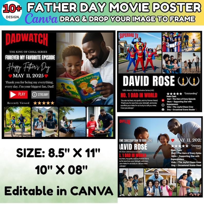 Puede incluir: Una plantilla de p&oacute;ster de pel&iacute;cula del D&iacute;a del Padre con el texto "10+ Father Day Movie Poster" y "Editable in Canva". El p&oacute;ster incluye t&iacute;tulos de pel&iacute;culas, im&aacute;genes y las dimensiones 21,6 cm x 27,9 cm y 25,4 cm x 20,3 cm.