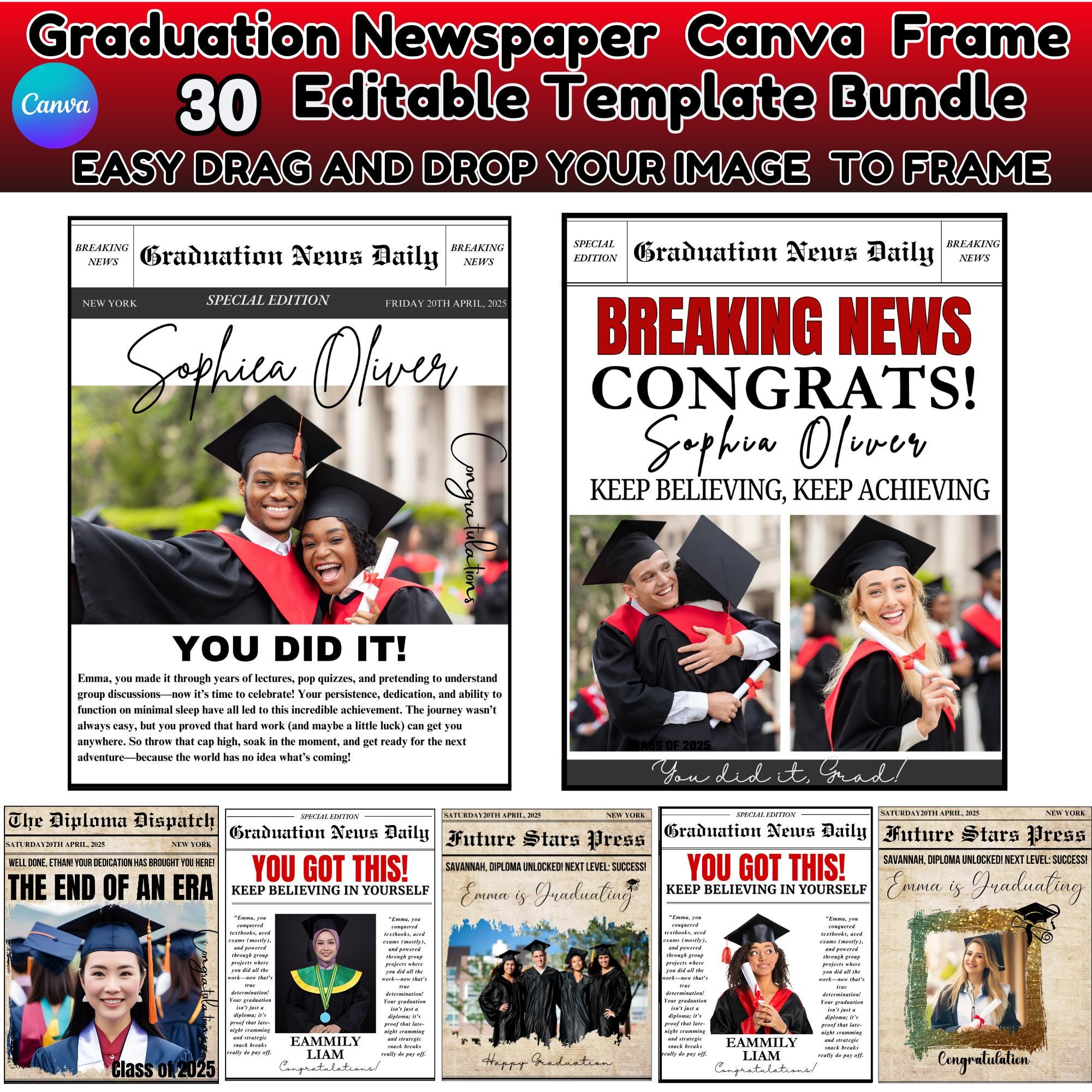 Graduation Newspaper 2025 Canva Editable 30 Template Designs, Senior Graduation 2025, You Did it Newspaper Invitation Editable, College Grad