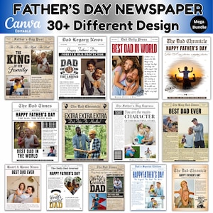 May include: A selection of Father's Day newspaper templates. The image showcases diverse newspaper designs with headlines such as "Best Dad Ever" and "Happy Father's Day." The text "Father's Day Newspaper" is displayed prominently at the top.
