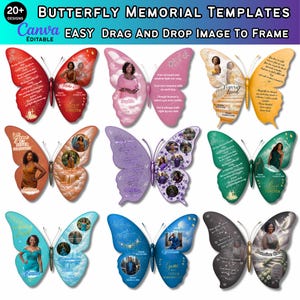 May include: A collection of butterfly-shaped memorial templates featuring various color schemes including red, pink, yellow, orange, purple, green, blue, and black. Each template includes space for photographs, memorial text, and dates.