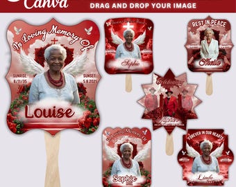 May include: Memorial paddle fan designs with photos, text, and angel wings. The fans are red and white, with wooden handles. Text includes "In Loving Memory Of", "Rest in Peace", and names like Louise, Sophie, and Linda.