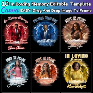 May include: A digital memorial template with 10 designs on black backgrounds. Each design includes angel wings, portraits, and text like "In Loving Memory" and "Rest in Peace." The template is designed for easy editing in Canva.