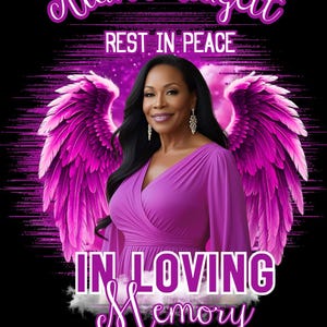 May include: A memorial graphic featuring the name "Alan Midgett" in a cursive font. The words "REST IN PEACE" are above a woman in a purple dress. Large pink angel wings are behind her, and the words "IN LOVING Memory" are at the bottom.