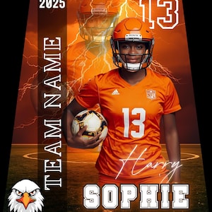 May include: An orange football jersey with the number 13 and the name "Harry" is worn by a person holding a soccer ball. The image includes the text "TEAM NAME", "SOPHIE", and the year "2025". A football helmet is also visible.