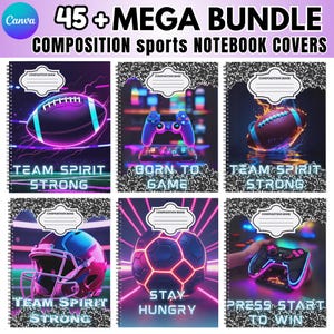 Peut inclure: Ensemble de cahiers de composition avec des couvertures sur le thème du sport. Les motifs incluent un ballon de football américain, une manette de jeu, un ballon de foot et un casque, tous avec des accents néon. Textes : "Team Spirit Strong", "Born to Game", "Stay Hungry", et "Press Start to Win".