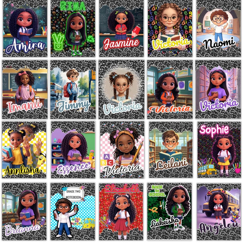 Pu&ograve; includere: Una collezione di etichette con nomi illustrate e colorate con bambini con vari acconciature e abiti. Ogni etichetta ha un nome scritto in un carattere decorativo, come "Amira", "Rina" e "Jasmine". Lo sfondo &egrave; un design di quaderno di composizione in bianco e nero.