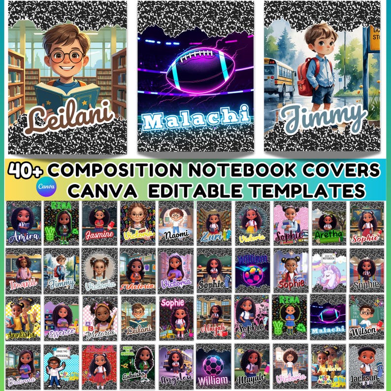 Pu&ograve; includere: Una collezione di copertine per quaderni di composizione con vari disegni. Le copertine presentano illustrazioni di bambini, sport e altre grafiche. Il testo include nomi come "Leilani", "Malachi" e "Jimmy", insieme alla frase "40+ COMPOSITION NOTEBOOK COVERS CANVA EDITABLE TEMPLATES".