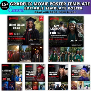 Può includere: Un modello per poster di film con il testo "15+ GRADFLIX MOVIE POSTER TEMPLATE" e "EDITABLE TEMPLATE POSTER". Il design include immagini di laureati in toga e cappello, con testo come "SENIOR SEASON FINALE" e "NO. 1 IN GLOBAL TODAY".