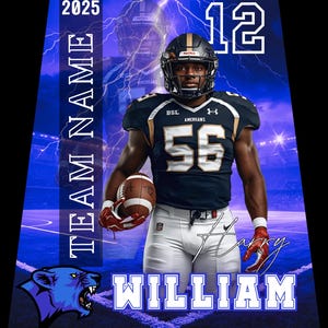 May include: A football player in a navy and gold uniform, holding a football. The image includes the text "TEAM NAME" and "WILLIAM" in white, along with the number "56" and the year "2025". A blue panther logo is also present.
