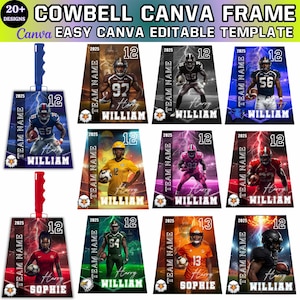 May include: A selection of Canva cowbell frame templates, each showcasing a football player. The designs include player images, team names, and the year 2025. These easy-to-edit templates are available in a range of colours.