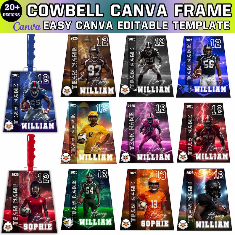 May include: A selection of Canva cowbell frame templates, each showcasing a football player. The designs include player images, team names, and the year 2025. These easy-to-edit templates are available in a range of colours.