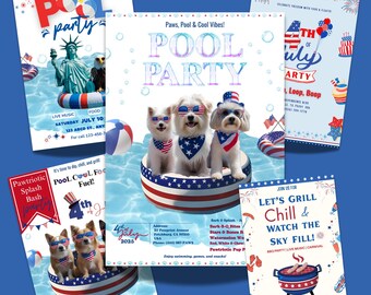 4th Of July Canva Editable Invitation card Independence Day Template,Barbeque Invite, July Pool Party Firework, Party in the USA, Patriotic