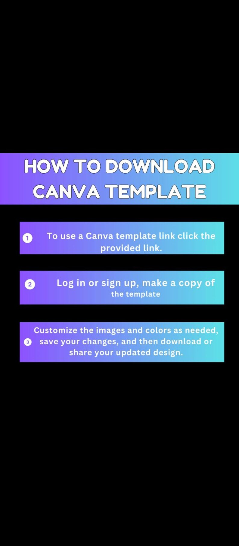 Pu&ograve; includere: Un grafico con istruzioni su come scaricare un modello Canva. Il titolo &egrave; in testo bianco su uno sfondo sfumato viola e blu. I passaggi includono fare clic su un link, accedere e personalizzare il design.