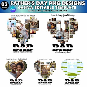 May include: A digital collage template set for Father's Day featuring five heart-shaped photo layouts with customisable text. The designs include phrases like To the world you are one person, Behind every great family, and The man the myth the legend.