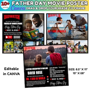 Puede incluir: Un dise&ntilde;o de cartel de pel&iacute;cula del D&iacute;a del Padre con el texto "10+ Father Day Movie Poster" y "Drag & Drop Your Image to Frame". El cartel presenta t&iacute;tulos de pel&iacute;culas como "Dadwatch" y "Dadflix", con fotos familiares y el texto "Happy Father's Day".