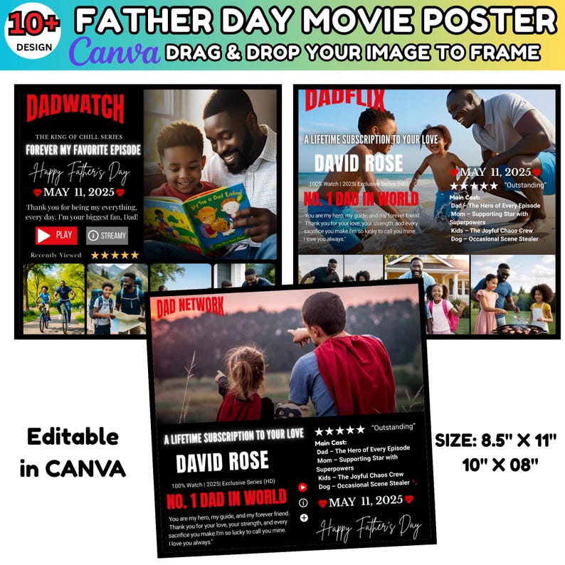 Puede incluir: Un dise&ntilde;o de cartel de pel&iacute;cula del D&iacute;a del Padre con el texto "10+ Father Day Movie Poster" y "Drag & Drop Your Image to Frame". El cartel presenta t&iacute;tulos de pel&iacute;culas como "Dadwatch" y "Dadflix", con fotos familiares y el texto "Happy Father's Day".