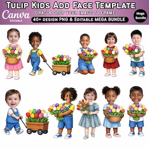 Puede incluir: Ilustración digital de niños con tulipanes. La imagen incluye el texto "TULIP KIDS ADD FACE TEMPLATE" y "DRAG & DROP YOUR IMAGE TO FRAME". La imagen también incluye el texto "40+ DESIGN PNG & EDITABLE MEGA BUNDLE".