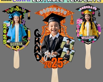 May include: Graduation fan templates with photos of children in graduation attire. Each fan features the text "Congrats", the year "2025", and a student's name. The fans have a wooden handle and are decorated with pencils and books.