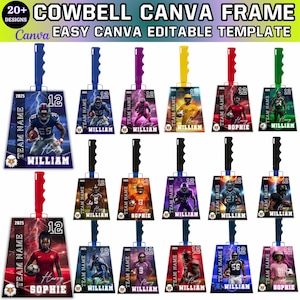 May include: A selection of cowbell Canva frames, each with a football player design. The frames display player images, team names, and numbers, with handles in various colours. Text includes "20+ DESIGNS" and "EASY CANVA EDITABLE TEMPLATE."