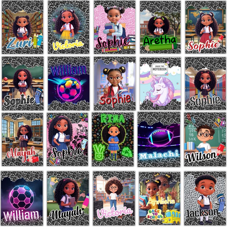 Pu&ograve; includere: Una collezione di quaderni di composizione colorati con illustrazioni di cartoni animati di bambini con nomi come Zuri, Sophie e William. Ogni quaderno ha un design unico, tra cui un pallone da calcio, un unicorno e un pallone da football americano.