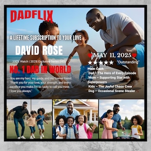 Puede incluir: Gr&aacute;fico promocional para "DADFLIX" con un padre y sus hijos. El texto incluye "Una suscripci&oacute;n de por vida a tu amor" y "N.&ordm; 1 Pap&aacute; del mundo". Texto adicional destaca el elenco de la serie y la fecha de lanzamiento del 11 de mayo de 2025.