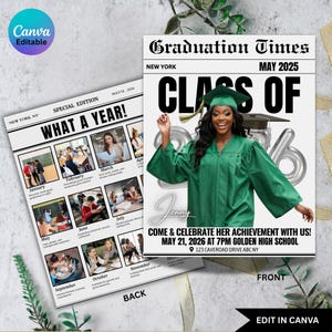 Könnte beinhalten: Eine Abschlussankündigung mit einem Foto einer Absolventin in grüner Robe und Mütze. Die Ankündigung enthält den Text "Graduation Times" und "Class of 2026". Die Rückseite zeigt eine Collage von Fotos.