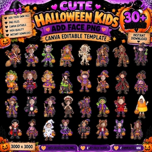 Könnte beinhalten: Eine digitale Sammlung von über 30 Halloween-Charakterillustrationen mit Kindern in verschiedenen Kostümen wie Hexen, Mumien und Tieren. Die Grafik enthält Textüberlagerungen wie CUTE HALLOWEEN KIDS und CANVA EDITABLE TEMPLATE.