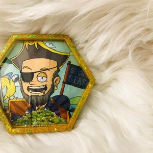 May include: Hexagon-shaped resin tray with a cartoon pirate design. The pirate has an eye patch, earring, and a beard. A parrot and a flag that says "Secret Stash" are also in the image. The tray has a gold glitter border.