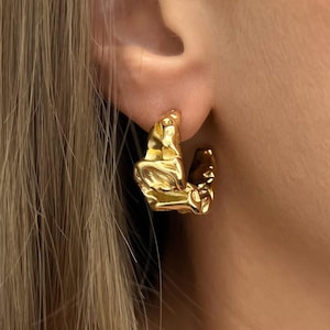 Gold Stainless Steel Textured Chunky Hoop Earrings | Organic Shape Earrings | Gold Statement Hoops | Modern Sculptural Earrings Gold Jewelry