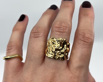 Gold Molten Sterling Silver Ring, Chunky Adjustable Liquid Metal