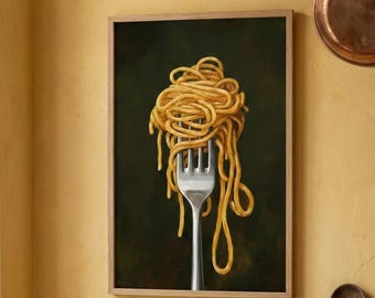 Spaghetti Pasta Oil Painting Print, Italian Kitchen Wall Art (Digital Download)