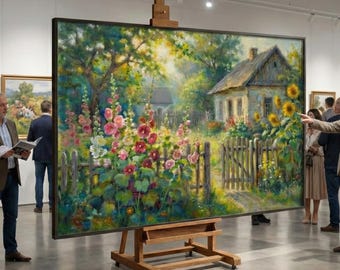 Ukrainian Countryside. Rustic Cottage Garden with Hollyhocks and Sunflowers. Traditional Rural Landscape Art. Cottagecore Wall Decor.
