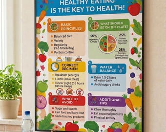 Healthy Eating Infographic Poster, Nutrition My Plate Guide, Dietitian Office Decor