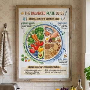 Peut inclure: Une affiche éducative encadrée intitulée The Balanced Plate Guide, présentant un diagramme circulaire divisé en sections pour les légumes, fruits, protéines maigres et céréales complètes, avec des conseils nutritionnels pour manger sainement.