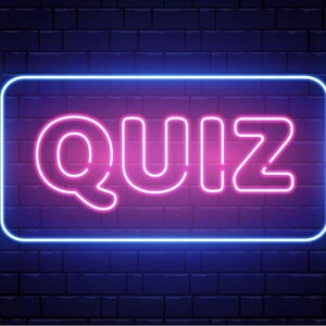 May include: A neon sign with the word "QUIZ" in pink letters on a blue background. The sign is on a brick wall.