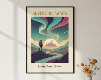 Adventure Awaits" Poster – Northern Lights Wall Art, Traveler Gift, Dreamy Landscape Print