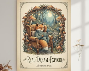 Reading Fox Art Print | Whimsical Cottagecore Nursery Decor (Digital Download)