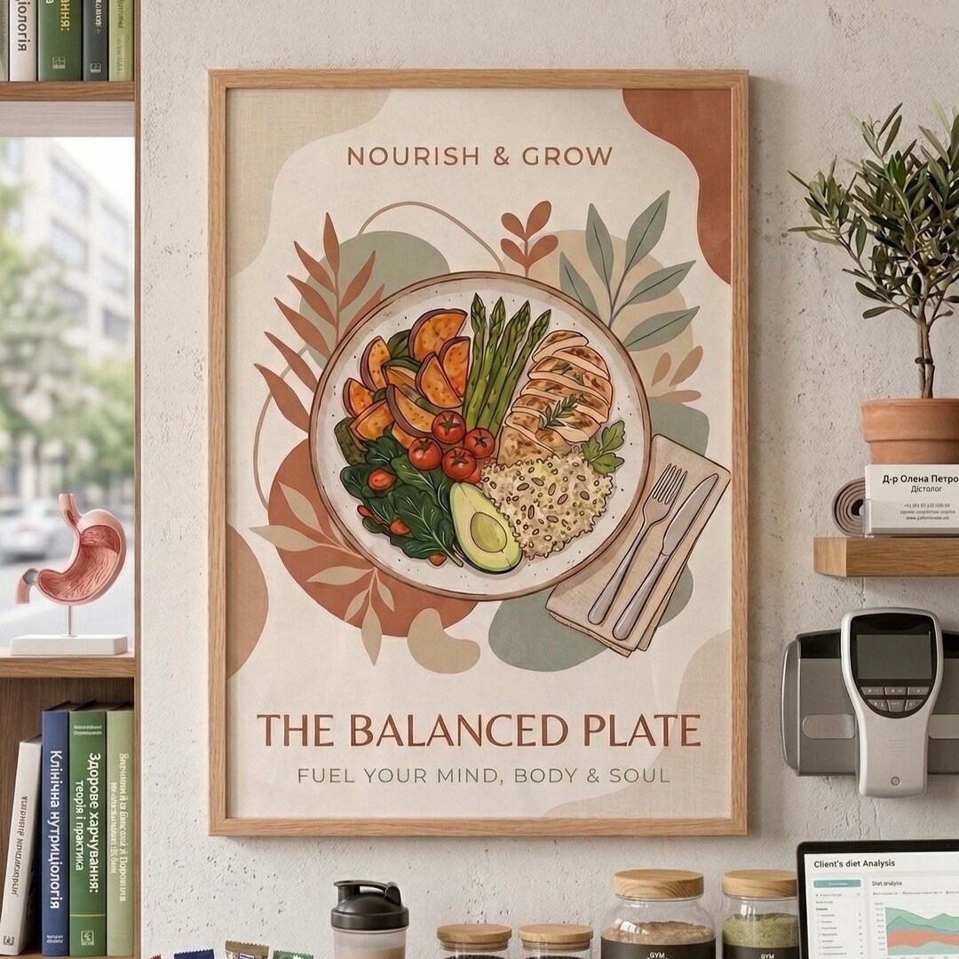 Balanced Plate Nutrition Poster, Healthy Eating Wall Art, Nourish and ...