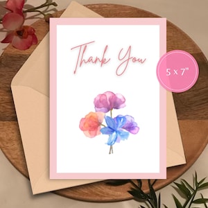 Cartão de agradecimento floral - Download digital - Lindo cartão de agradecimento para impressão com flores